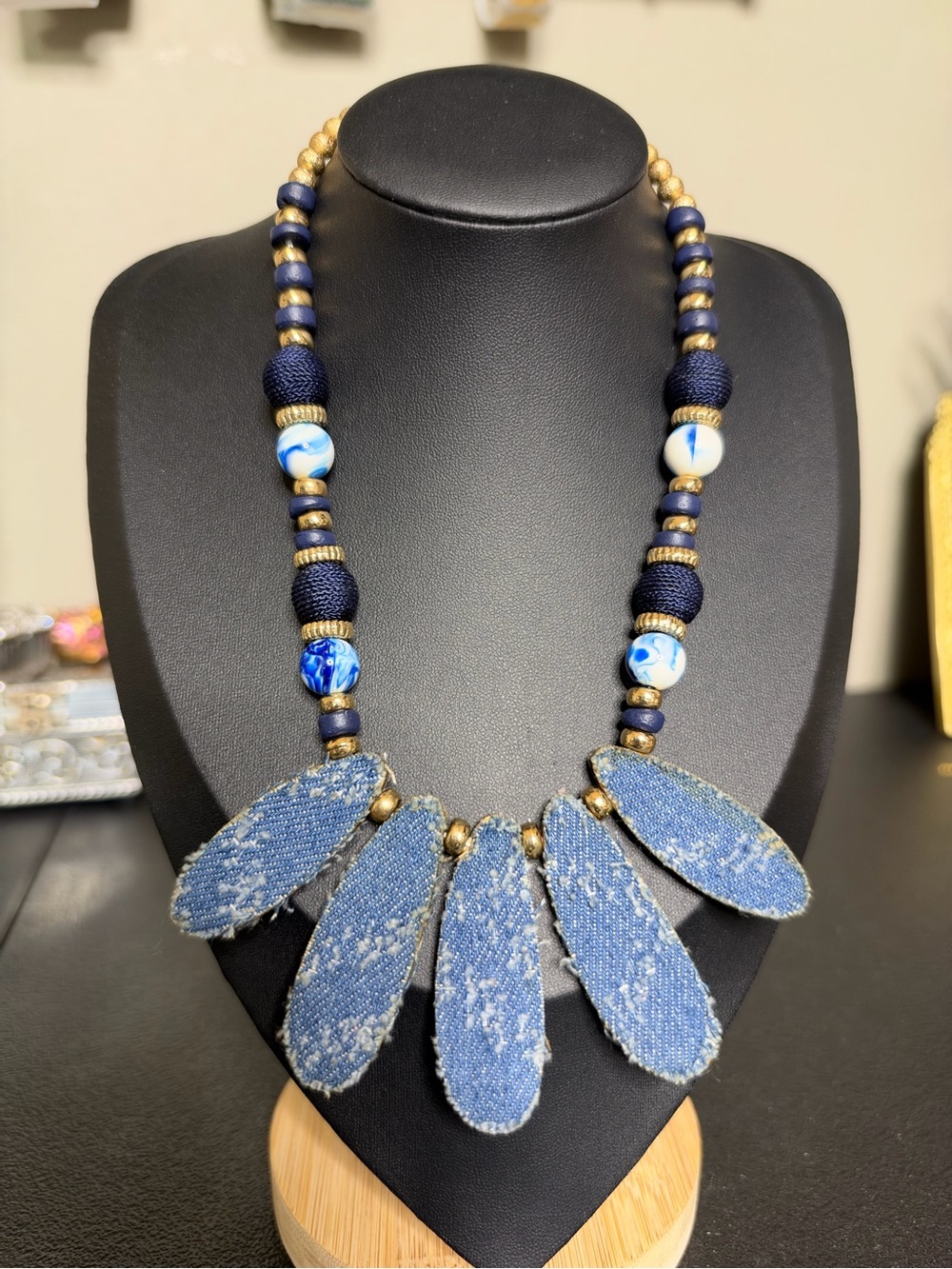 C 1946 Handmade Blue Denim Statement Acrylic Fashion Necklace Gold Accents